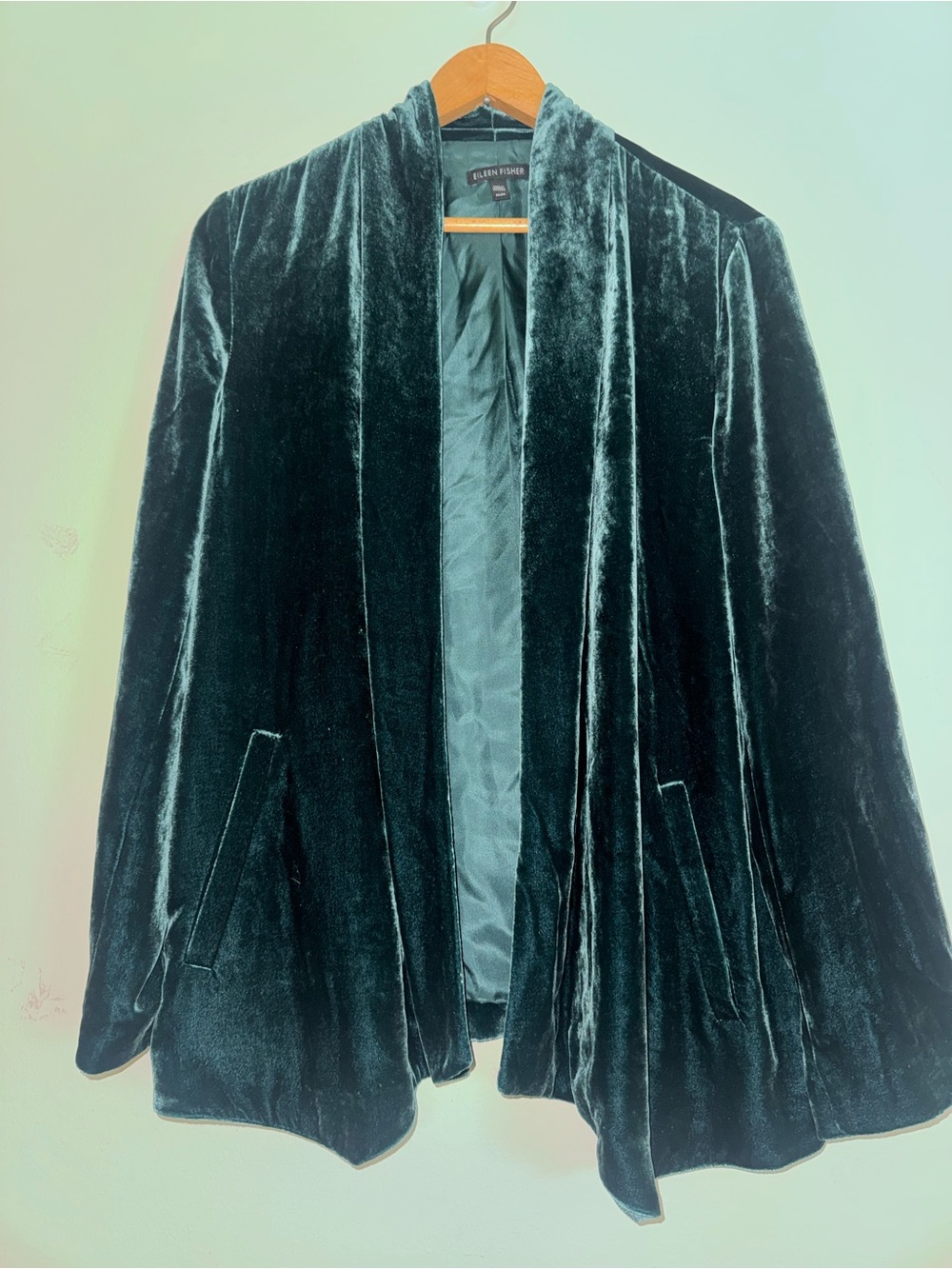 Eileen Fisher Velvet Open Front Drape Jacket Womens Emerald Green Career Vamp